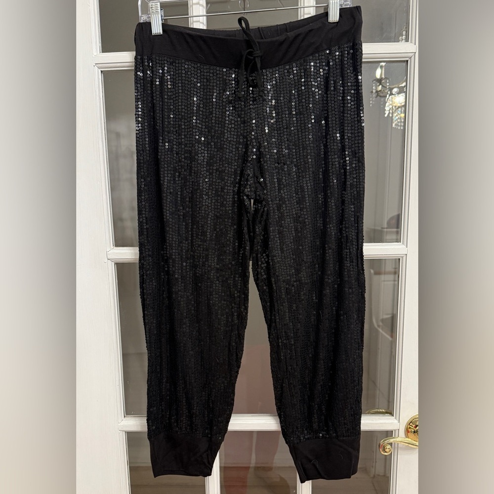 HAUTE HIPPIE Women's Black Sequin Drawstring Waist Pants Size M
